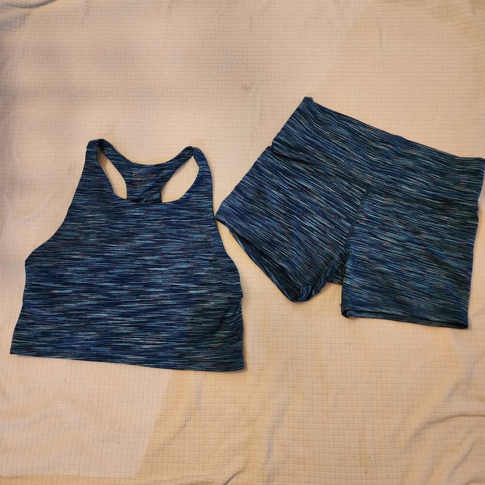 Champion Womens Activewear Set Blue Space Dye Sports Bra large & Shorts Sz XL